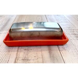 Oggi Corporation Orange Ceramic Butter Dish with Stainless Steel Lid Cover